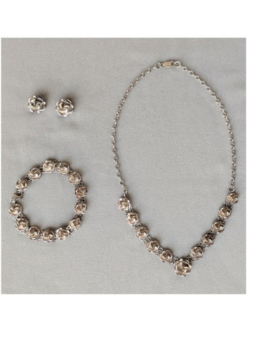 Vintage Mexico 925 Silver Rose Flower Necklace Bracelet Earrings Clip Set Parure